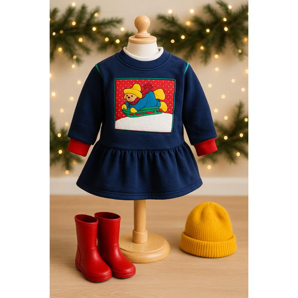 Vintage 90s Paddington Bear Girls Sweatshirt Dress Winter Sledding Blue Size 3T - Picture 2 of 9